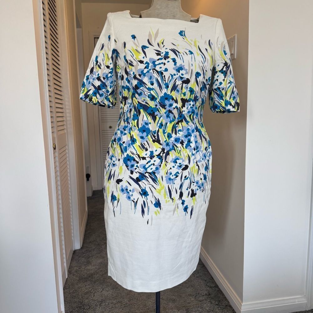 L.K. Bennett London White Floral Sheath Dress with Blue & Green Accents